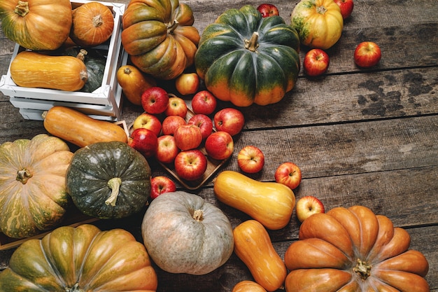 Superficie de otoño colorido con calabazas y manzanas