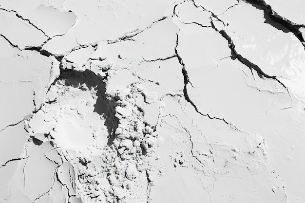 Superficie de polvo blanco con grietas y un cráter redondo Cráter en blanco y negro