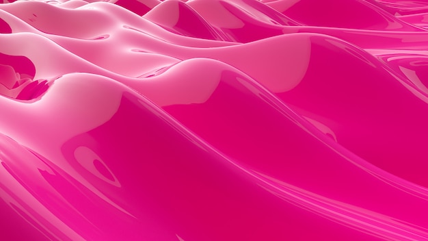 Superfície reflexiva líquida abstrata rosa da onda. Ondas e ondulações de linhas ultravioletas semelhantes a chicletes. Ilustração 3d