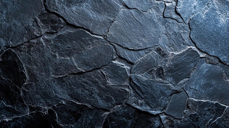 Superficie de roca de pizarra oscura con textura con hendiduras naturales y variaciones en la reflexión de la luz