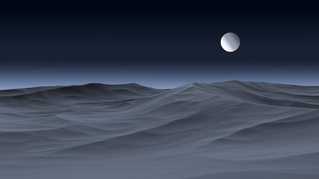 Superfície rochosa da montanha e um planeta no céu no horizonte paisagem sombria renderização 3D