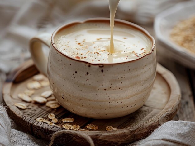 Superfood-Creme mit Mandelmilch, Banane und Kokosnuss in einem Mason-Tass Weißer Hintergrund mit Kopierraum