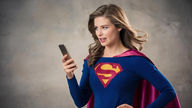 Superfrau mit Umhang, die mit dem Smartphone spricht