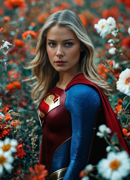 Supergirl super-herói cercado por flores 8k foto impressionante detalhes intrincados