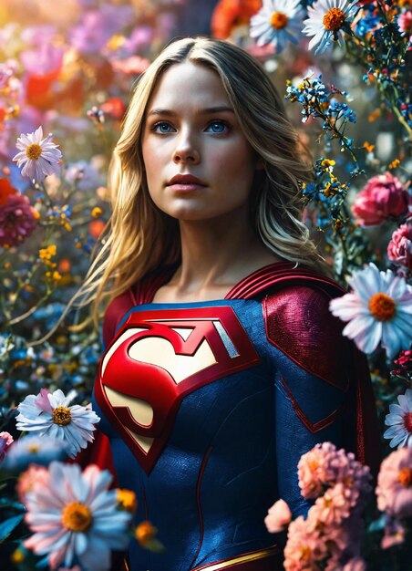 Supergirl super-herói cercado por flores 8k foto impressionante detalhes intrincados