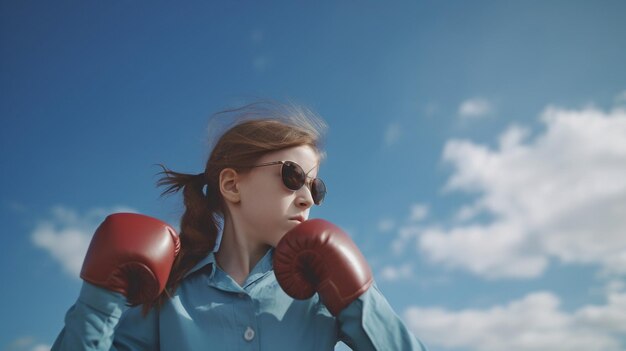 Superheldenkind mit Boxhandschuhen auf blauem Himmelshintergrund Konzept von Frauenpower und Feminismus Generative KI