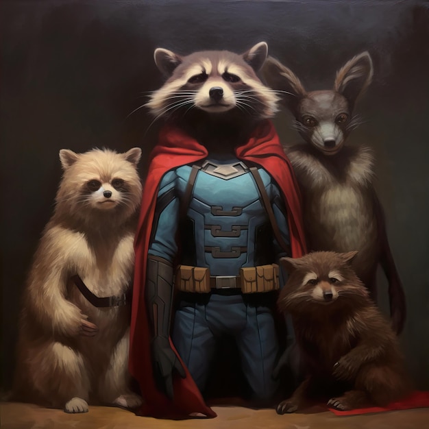 Superheldentiere, darunter ein Hund, eine Katze und ein Waschbär