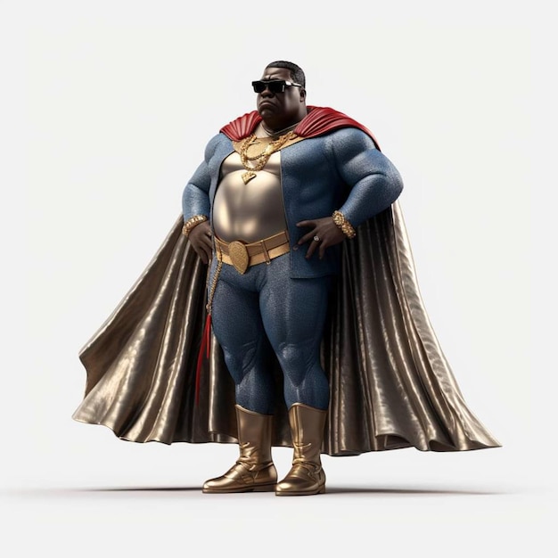 Un superhéroe con capa y gafas de sol está parado frente a un fondo blanco.