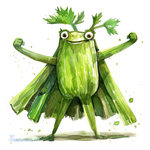 Foto superhéroe de dibujos animados vegetable green celery personaje aislado en fondo blanco con juguete de rana