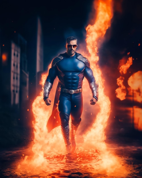 Superhéroe hombre blanco en un traje azul y capa roja caminando lejos del fuego póster de cómic épico superhéroe o escena de película de acción copia espacio generado por IA