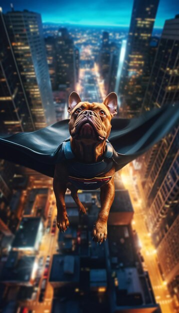 Foto un superhéroe perro con una capa roja volando sobre la ciudad al atardecer en una pose cinematográfica