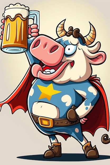 Superhéroe de vaca de dibujos animados con cerveza