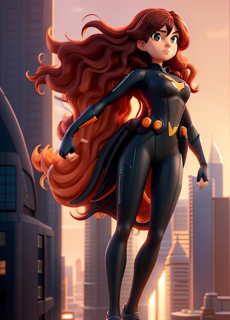 una superheroína con el pelo rojo y una capa negra.