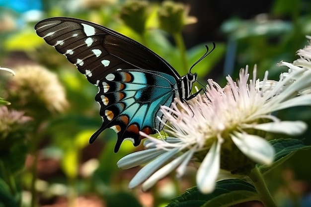 Supermakro Ein cyanfarbener, zierlicher Schwalbenschwanzschmetterling, der sich von einer weißen Blüte ernährt