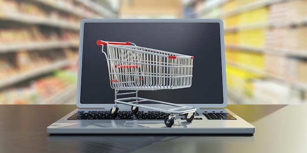 Supermarkt-Einkaufswagen auf einem Computer-Laptop Online-Bestellung und Lieferung