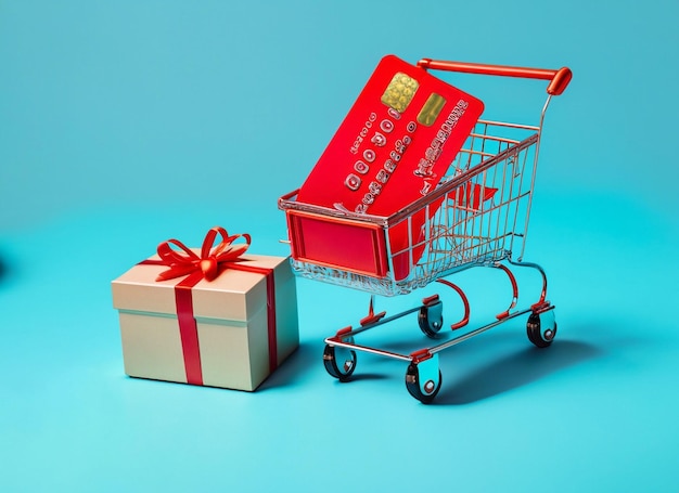 Supermarkt-Einkaufswagen umgeben von Geschenkbox und Kreditkarte blau