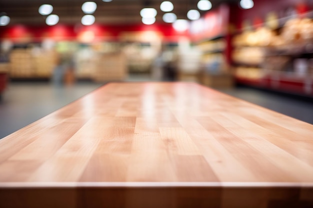 Supermarkt-Holztisch-Teller mit verschwommenem Hintergrund Generative von Ai
