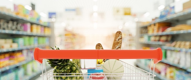 Supermarktgang mit leerem roten Einkaufswagen 3D-Illustration