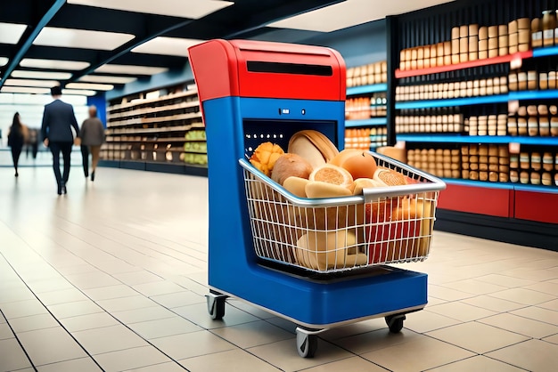 Supermarktkorb mit Standort-Symbol in realistischem 3D-Rendering-Shopping-Konzept Markt-Shopping