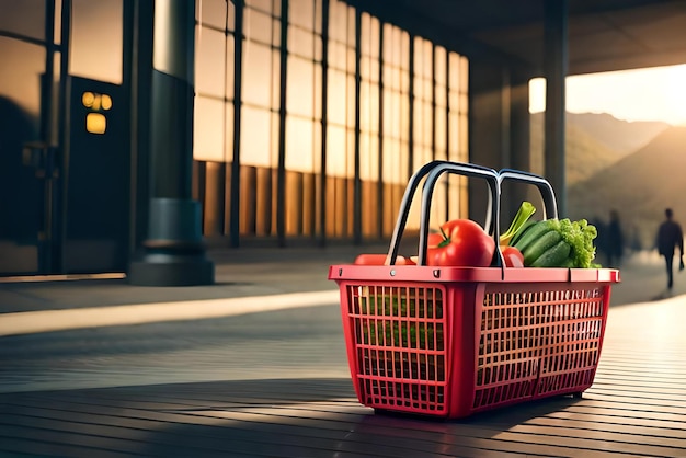 Supermarktkorb mit Standort-Symbol in realistischem 3D-Rendering-Shopping-Konzept Markt-Shopping