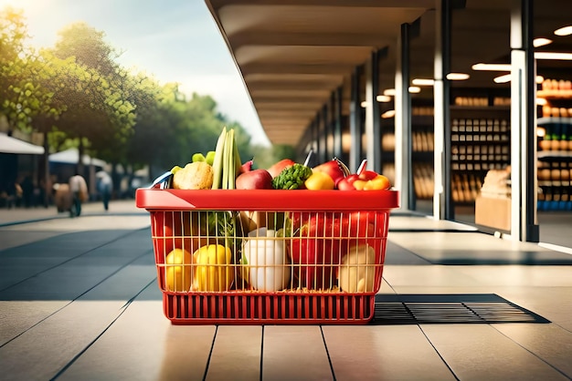 Supermarktkorb mit Standort-Symbol in realistischem 3D-Rendering-Shopping-Konzept Markt-Shopping