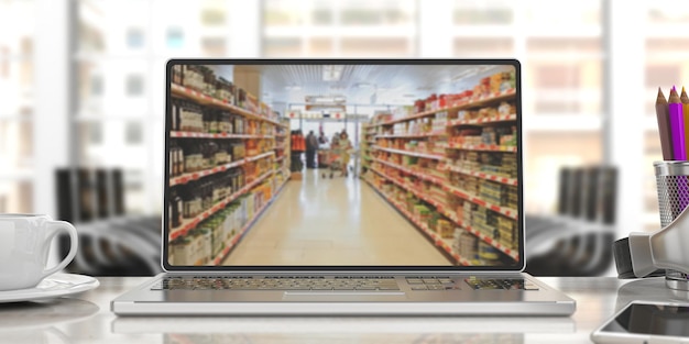 Supermercado compras on-line Blur supermercado em uma ilustração 3d de tela de laptop