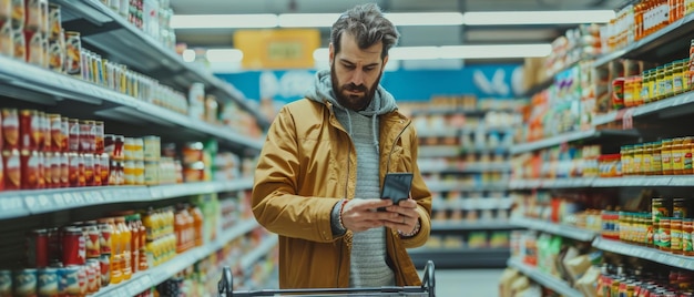 Supermercado Hombre guapo usa teléfono inteligente y empuja el carrito de compras a través de la sección de productos enlatados mientras usa teléfono inteligente