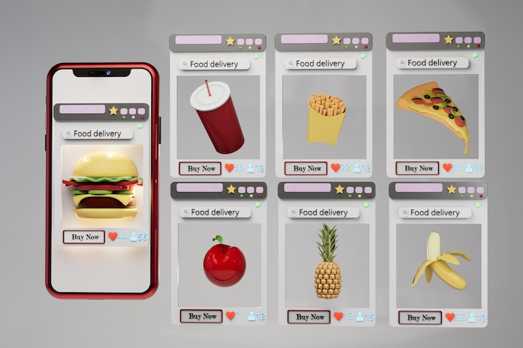 Foto supermercado en línea. menú de restaurante en una aplicación móvil.interfaz de sitio web para pedir comida rápida