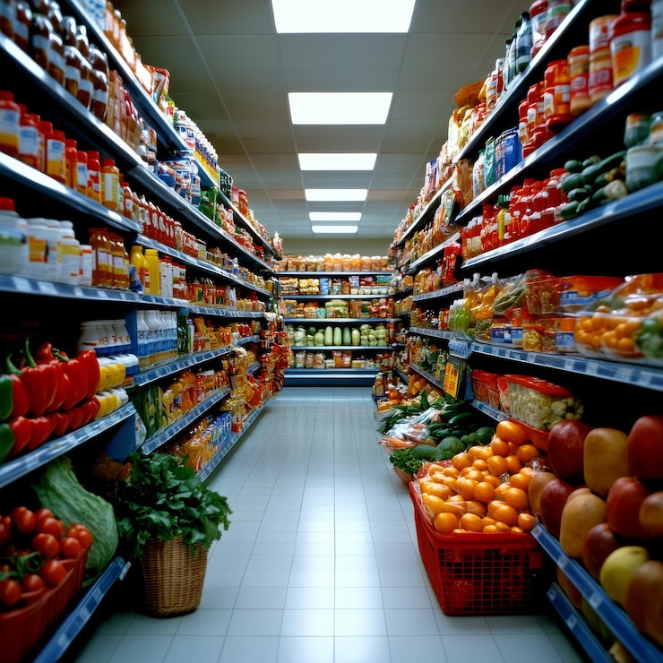 Foto supermercado moderno com frescos productos vegetales y lacteos en estantes con iluminacion enfocada en el centro