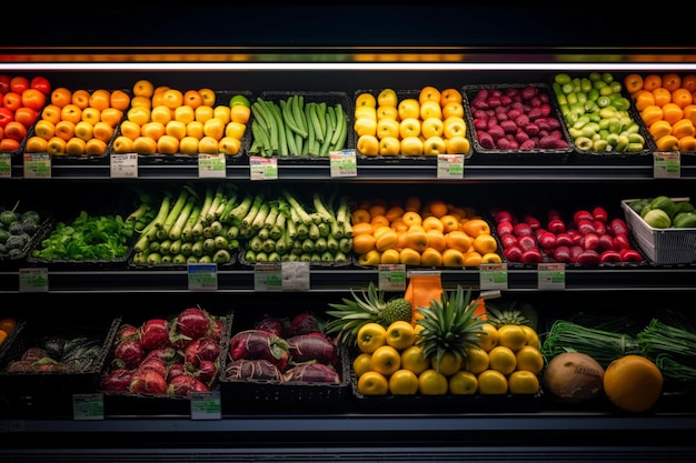 Supermercado moderno com muitos vegetais e frutas em exposição