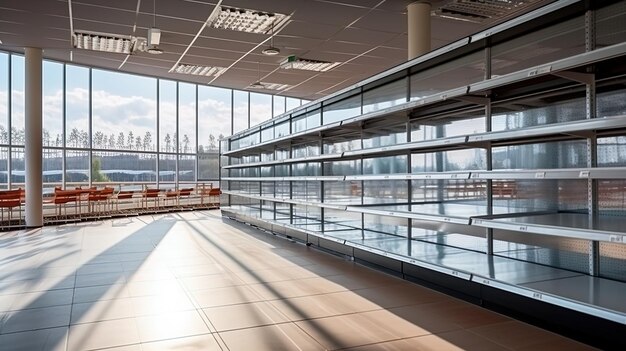 Un supermercado vacío con ventanas y estantes brillantes