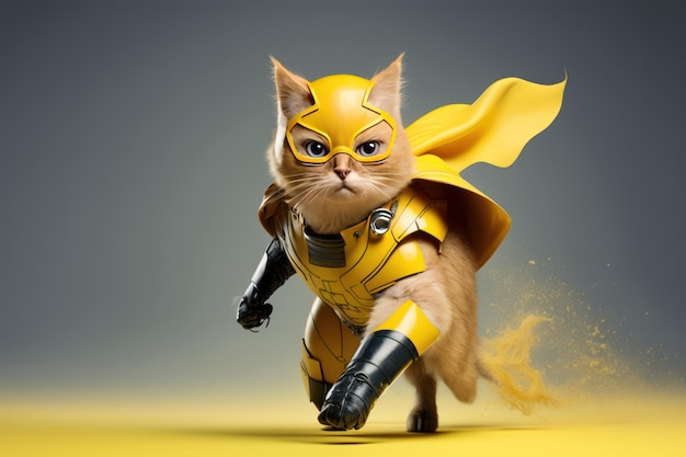 Superpet Cat como super-herói com capa em fundo amarelo Criado Generative Ai