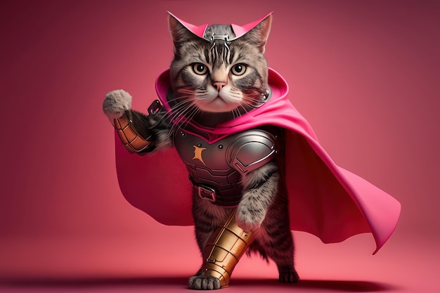 Superpet Cat como super-herói com capa em fundo rosa Criado Generative Ai