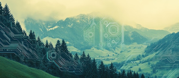 Superposición digital futurista en un sereno paisaje montañoso