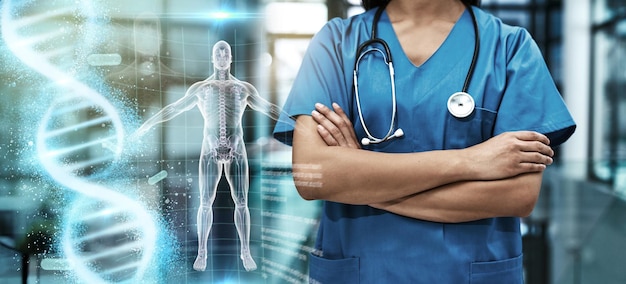 Superposición de holograma de atención médica y cuerpo de doctora para bienestar de la salud y seguro hospitalario Brazos de persona y tecnología de ai de anatomía 3d para resumen médico o futura innovación y desarrollo de adn