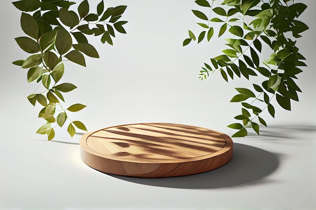 Superposición de productos Primer plano de una mesa redonda de madera de teca vacía con luz solar y sombra de hojas