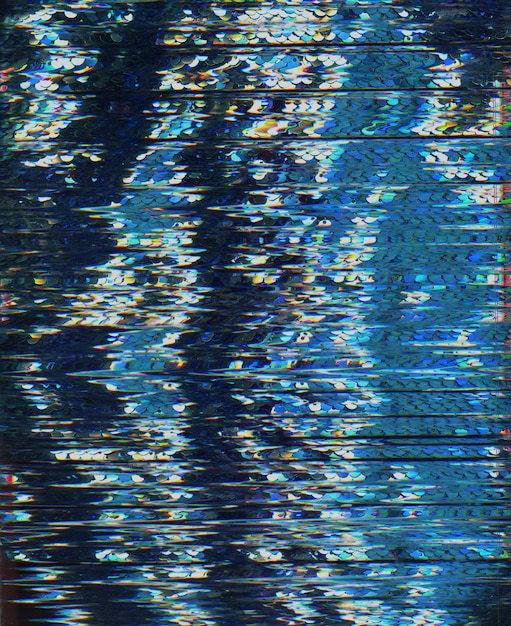 Foto superposición de ruido de falla textura de distorsión daño de video azul oscuro blanco iridiscente brillante redondo artefactos de lentejuelas defecto resumen de antecedentes