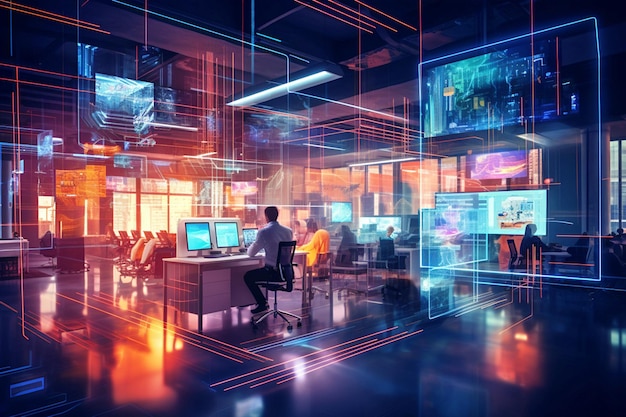 La superposición de tecnología de la información borrando el interior de una moderna oficina de ciberpunk de neón en espacio abierto
