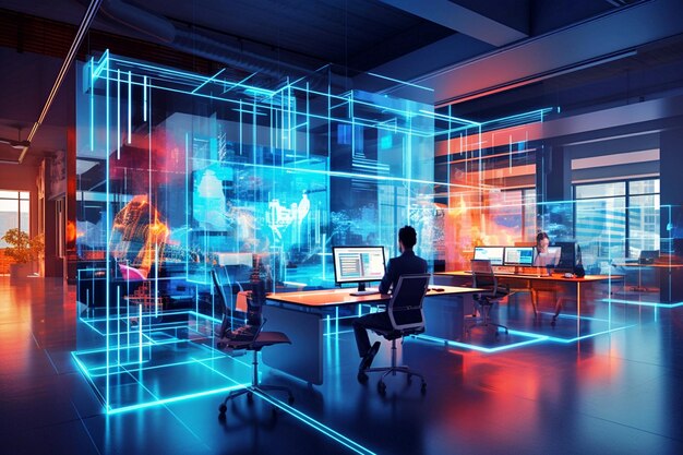 La superposición de tecnología de la información borrando el interior de una moderna oficina de ciberpunk de neón en espacio abierto