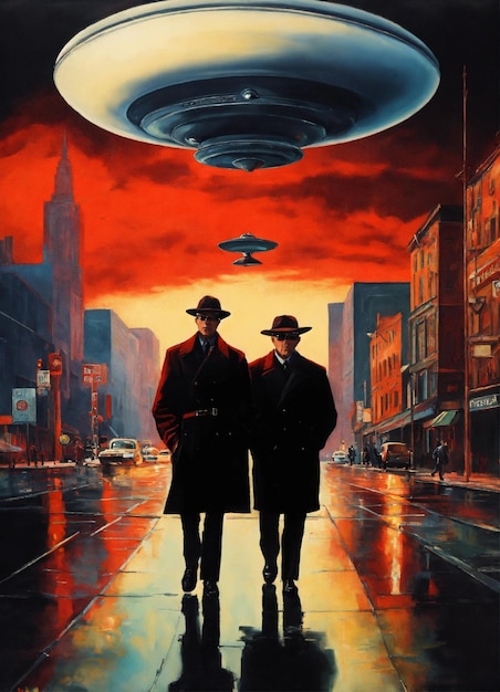 superrealistischer stil urbaner stil zwei bewaffnete männer in schwarzem bewölkten tag fliegende schüssel im sky