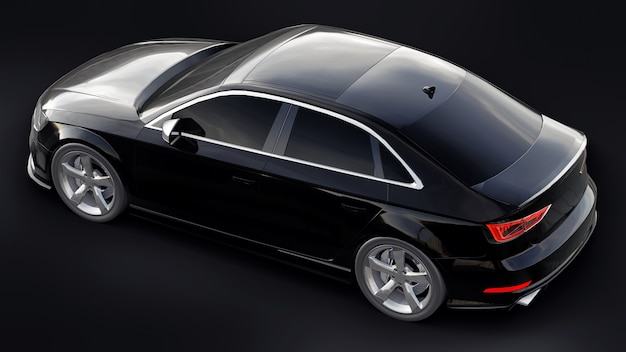 Superschnelle Sportwagenfarbe schwarz metallic auf schwarzem Grund. Limousine in Körperform. Tuning ist eine Version eines gewöhnlichen Familienautos. 3D-Rendering.