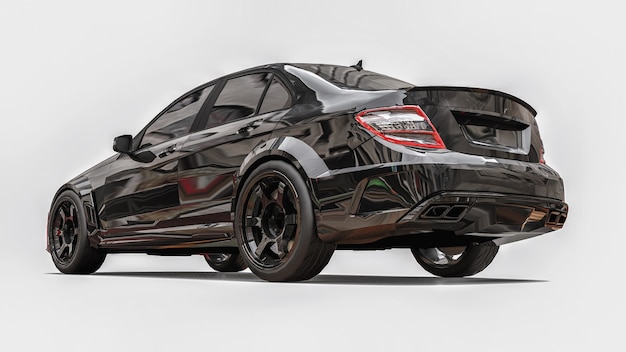 Superschneller Sportwagen schwarze Farbe auf weißem Hintergrund. Limousine in Körperform. Tuning ist eine Version eines gewöhnlichen Familienautos. 3D-Rendering.