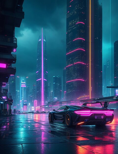 Supersportwagen in der Cyberpunk-Stadt mit Neonlichtern