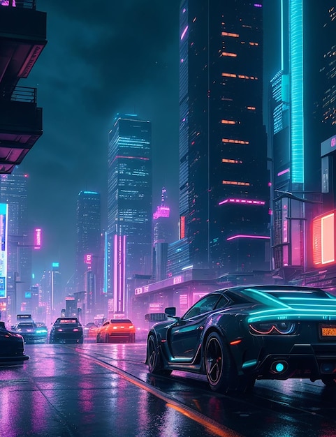 Supersportwagen in der Cyberpunk-Stadt mit Neonlichtern