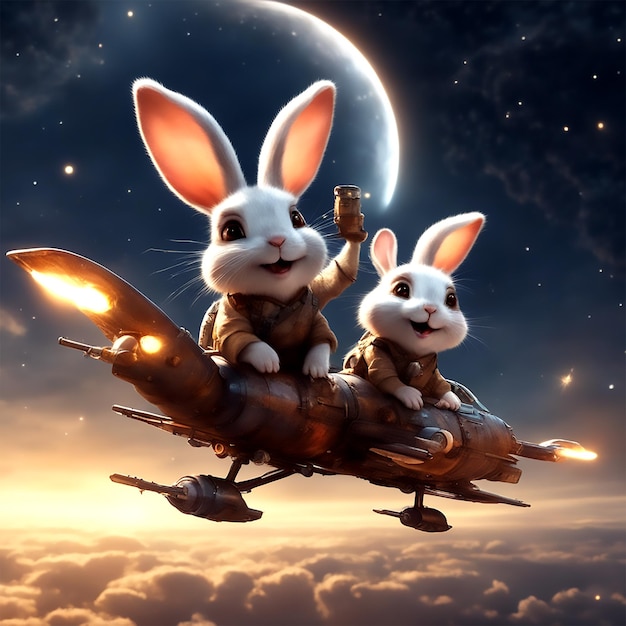 Supersüße und entzückende zwei süße Kaninchen, die auf dem Rücken eines sehr süßen fliegenden Eichhörnchens im Flug reiten