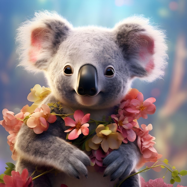 Supersüßer Koalabär mit bunten Blumen