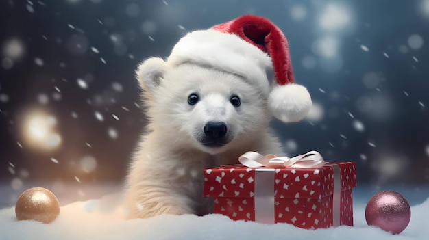 Supersüßer weißer Eisbär mit Weihnachtsmütze und Geschenkbox. KI-generiertes Bild