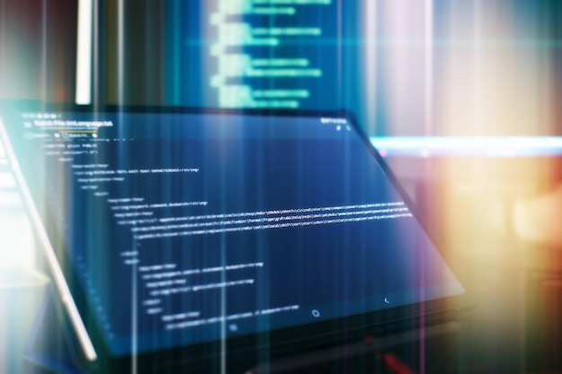 Supervise el primer plano del código fuente de la función Fondo abstracto de tecnología de TI Código fuente del software