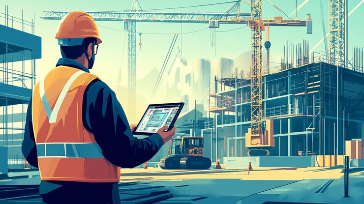 Supervisor de construcción usando una tableta en un sitio de construcción con grúas y maquinaria