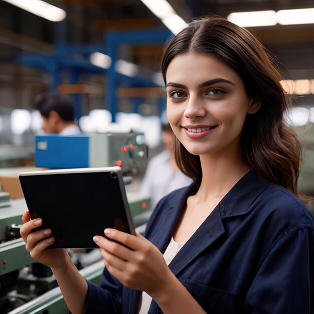 Foto una supervisor de la fábrica sonriendo y confiada con una tableta en la mano